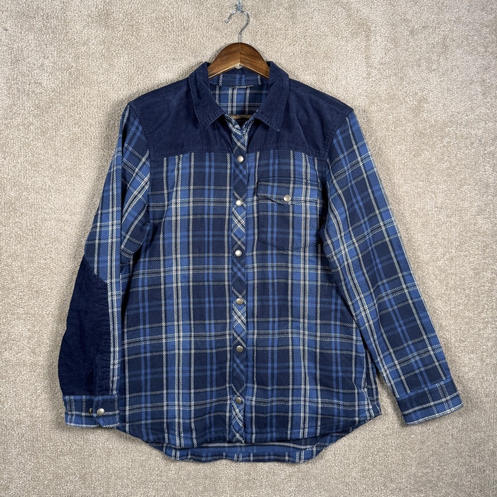 Eddie‎ Bauer Shacket Womens Large Blue Plaid Corduroy Yoke Snap Front Flannel